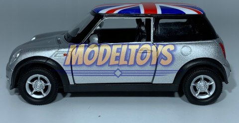 MINI COOPER srebrny flaga UK 1:34 Welly 49766F MINI COOPER srebrny flaga UK 1:34 Welly 49766F