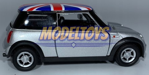 MINI COOPER srebrny flaga UK 1:34 Welly 49766F MINI COOPER srebrny flaga UK 1:34 Welly 49766F