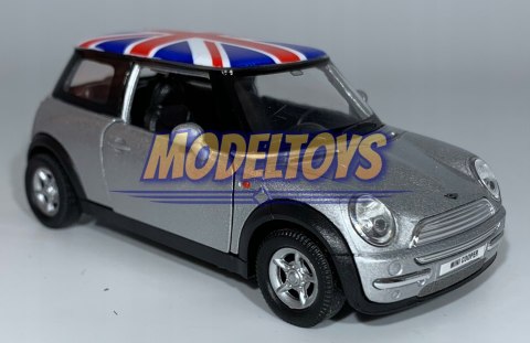 MINI COOPER srebrny flaga UK 1:34 Welly 49766F MINI COOPER srebrny flaga UK 1:34 Welly 49766F