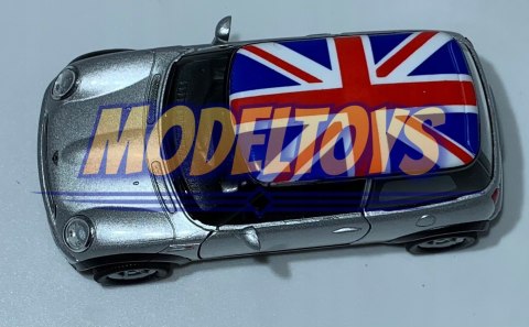MINI COOPER srebrny flaga UK 1:34 Welly 49766F MINI COOPER srebrny flaga UK 1:34 Welly 49766F