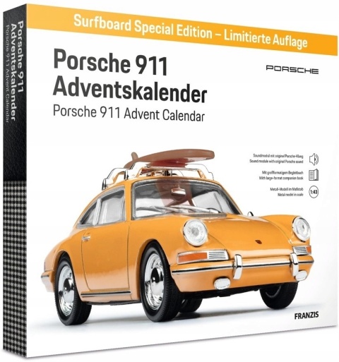 Porsche 911 z deską surfingową kalendarz adwentowy 1:43 żółty Franzis 1:43