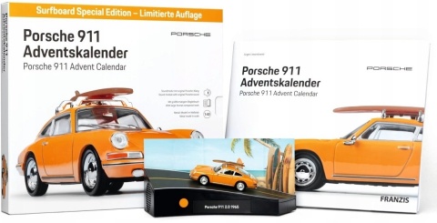 Porsche 911 z deską surfingową kalendarz adwentowy 1:43 żółty Franzis 1:43
