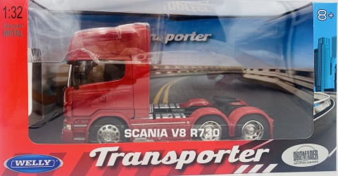 Scania V8 R730 3 osiowy ciągnik siodłowy model WELLY 32670 1:32 czerwony