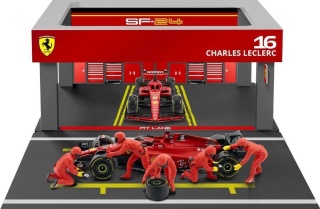 ZESTAW Ferrari F1 #16 Ch. Leclerc Pit Stop diorama 2024 SF-24 BBurago 1:43