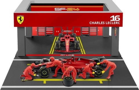 ZESTAW Ferrari F1 #16 Ch. Leclerc Pit Stop diorama 2024 SF-24 BBurago 1:43
