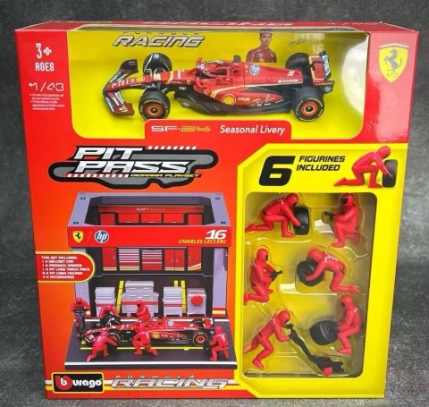 ZESTAW Ferrari F1 #16 Ch. Leclerc Pit Stop diorama 2024 SF-24 BBurago 1:43