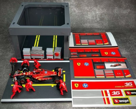 ZESTAW Ferrari F1 #16 Ch. Leclerc Pit Stop diorama 2024 SF-24 BBurago 1:43