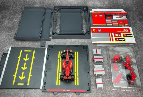 ZESTAW Ferrari F1 #16 Ch. Leclerc Pit Stop diorama 2024 SF-24 BBurago 1:43