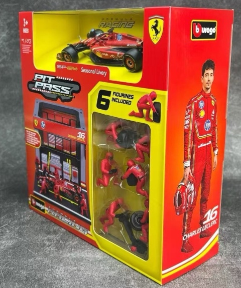 ZESTAW Ferrari F1 #16 Ch. Leclerc Pit Stop diorama 2024 SF-24 BBurago 1:43