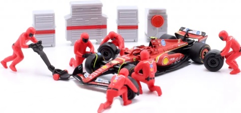 ZESTAW Ferrari F1 #16 Ch. Leclerc Pit Stop diorama 2024 SF-24 BBurago 1:43
