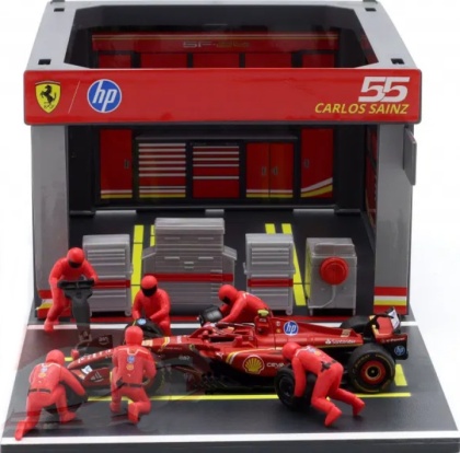 ZESTAW Ferrari F1 #55 C. Sainz Pit Stop diorama 2024 SF-24 BBurago 1:43