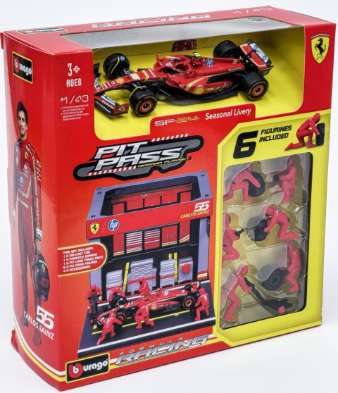 ZESTAW Ferrari F1 #55 C. Sainz Pit Stop diorama 2024 SF-24 BBurago 1:43