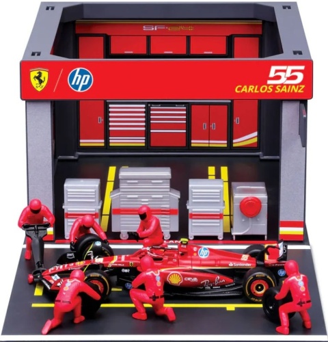 ZESTAW Ferrari F1 #55 C. Sainz Pit Stop diorama 2024 SF-24 BBurago 1:43