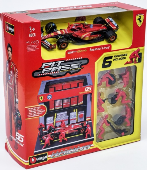 ZESTAW Ferrari F1 #55 C. Sainz Pit Stop diorama 2024 SF-24 BBurago 1:43