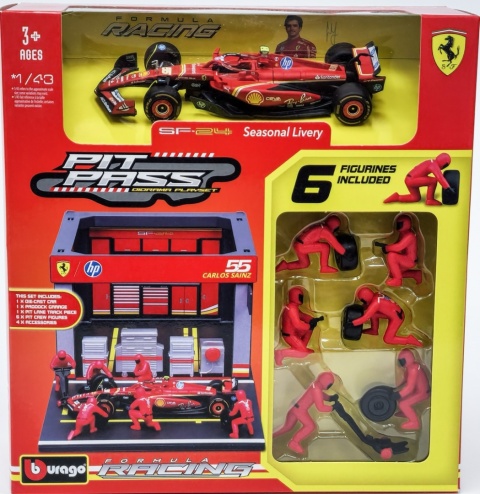 ZESTAW Ferrari F1 #55 C. Sainz Pit Stop diorama 2024 SF-24 BBurago 1:43