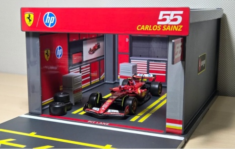 ZESTAW Ferrari F1 #55 C. Sainz Pit Stop diorama 2024 SF-24 BBurago 1:43