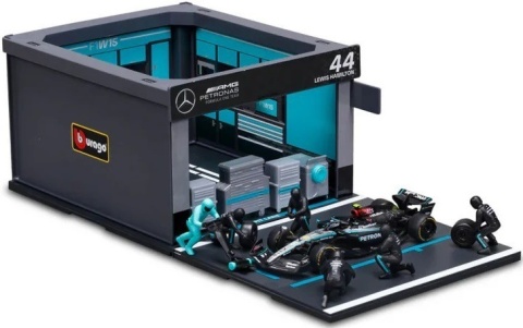 ZESTAW Mercedes F1 #44 L. Hamilton Pit Stop diorama 2024 W15 BBurago 1:43