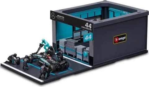 ZESTAW Mercedes F1 #44 L. Hamilton Pit Stop diorama 2024 W15 BBurago 1:43