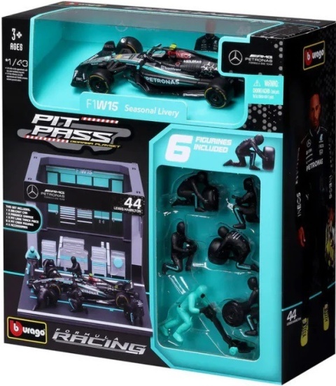 ZESTAW Mercedes F1 #44 L. Hamilton Pit Stop diorama 2024 W15 BBurago 1:43