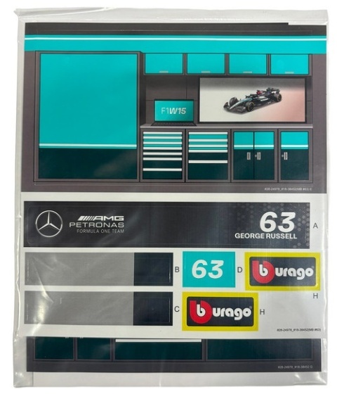 ZESTAW Mercedes F1 #63 G. Russell Pit Stop diorama 2024 W15 BBurago 1:43
