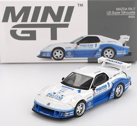 MAZDA RX-7 LB-Super Silhouette IMSA MGT01011 MiniGT 1:64 biały z niebieskim